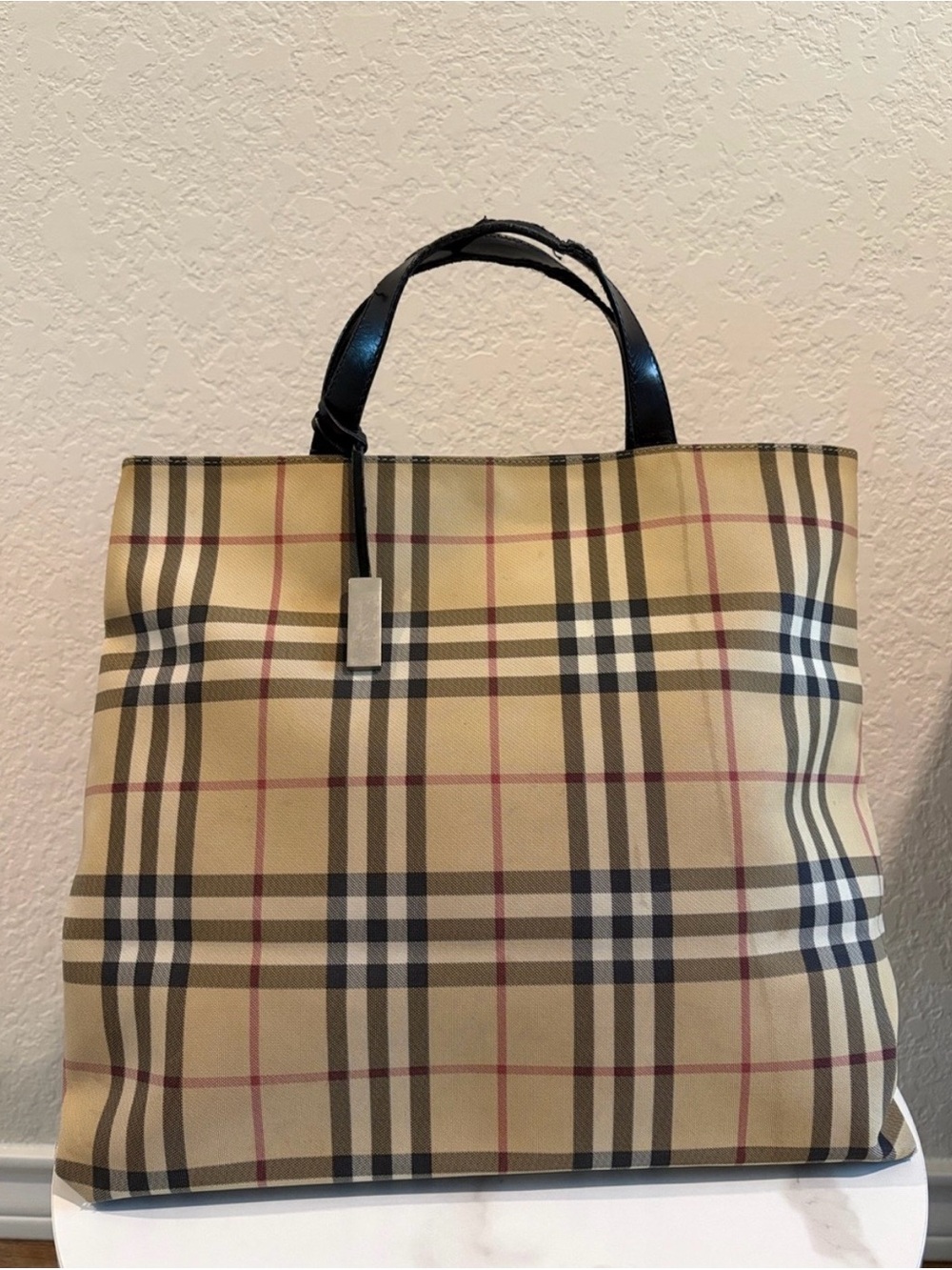 Burberry Large Canvas Plaid Nova Check Tote Bag